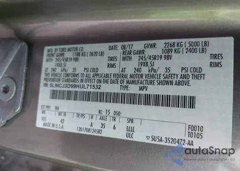 2017 Lincoln Mkc Reserve из США, поврежденный, VIN 5LMCJ3D99HUL71532